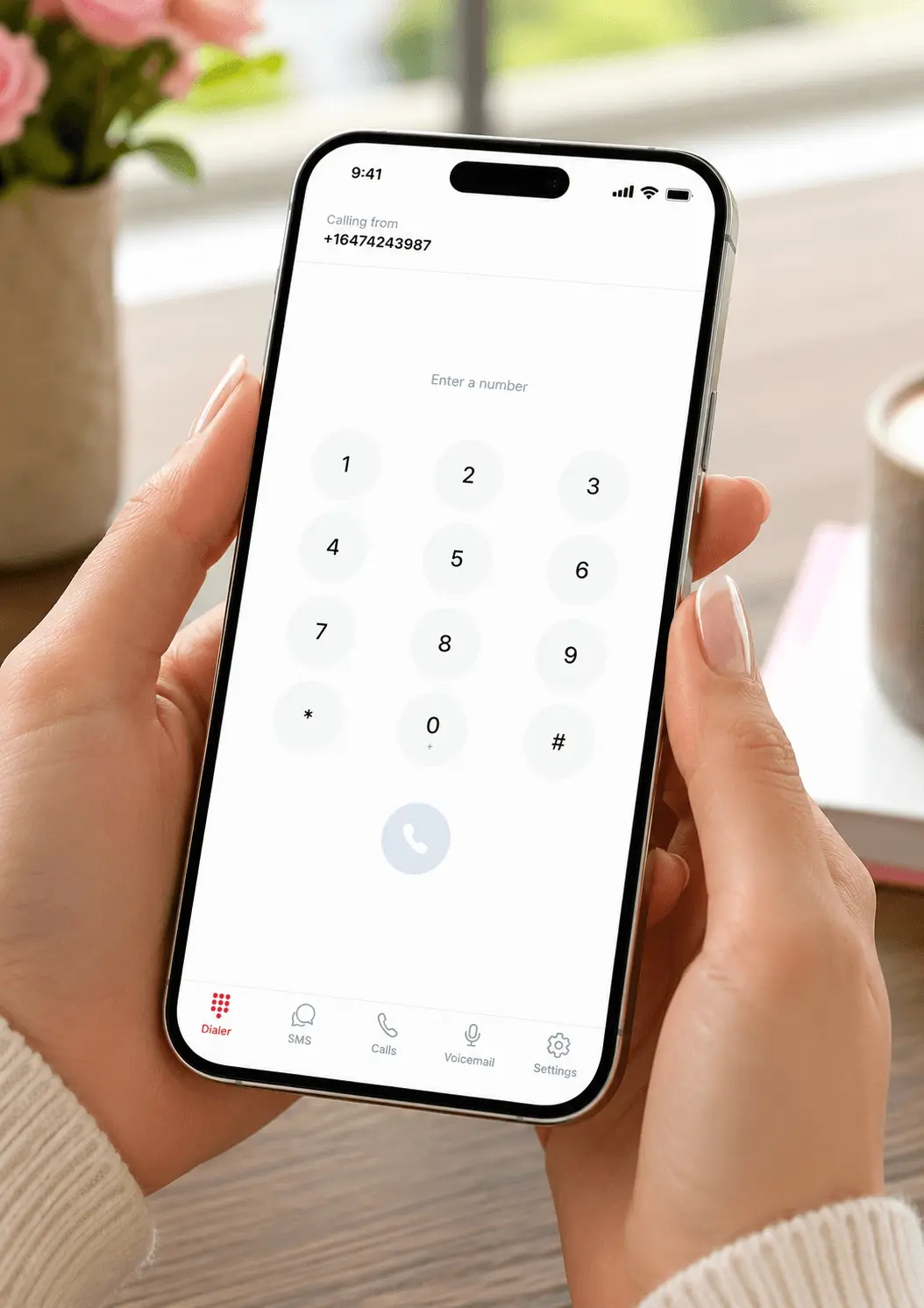 The Twinline app open on the dialer screen, showing a second line ready to call.